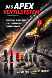 Nahaufnahme eines Fahrradreifens mit installiertem Apex-Ventilsystem sowie verschiedenen farbigen Ventilen für Tubeless-Reifen.
