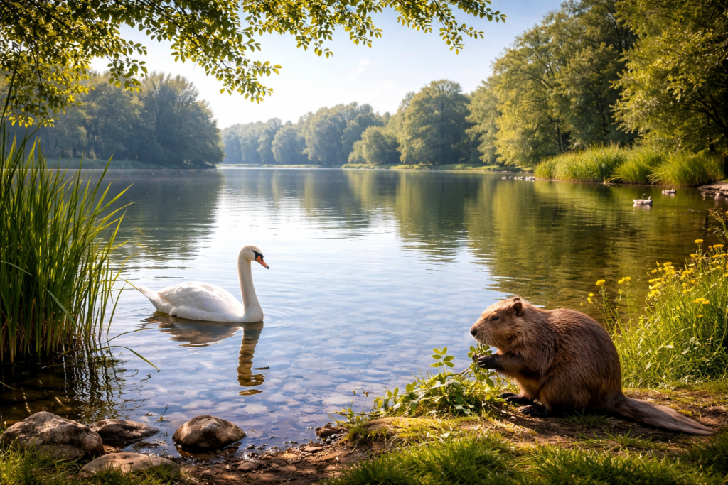 Ein ruhiger See vom Ufer aus gesehen, mit einem Schwan im Wasser und einem Biber am grasbewachsenen Ufer.